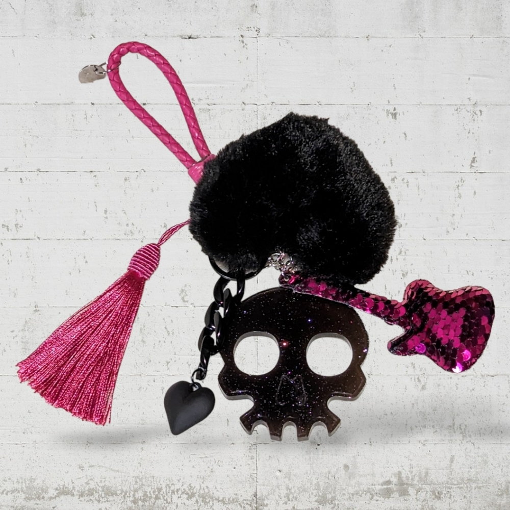 Handmade Pink & Black Resin Skull Self Defense Keychain w/ Sequenced&Tassles